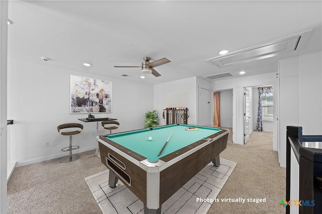 game room with visible vents, ceiling fan, attic access, light carpet, and pool table