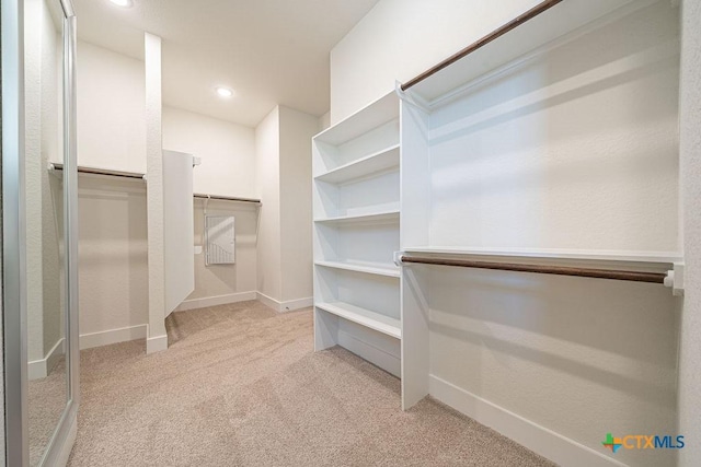 walk in closet with light carpet