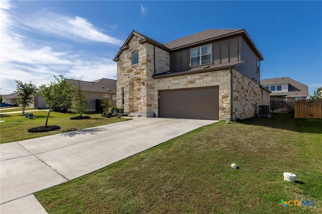 427 Bluejack Way, Hutto, TX 78634 - view of front of house with stone siding, driveway, a garage, board and batten siding, and central AC unit