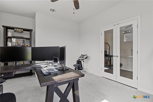 427 Bluejack Way, Hutto, TX 78634 - home office featuring french doors, a ceiling fan, carpet flooring, and baseboards