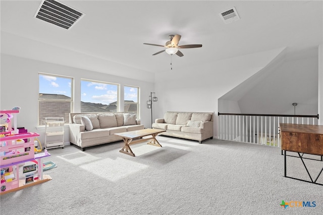 427 Bluejack Way, Hutto, TX 78634 - carpeted living room with ceiling fan