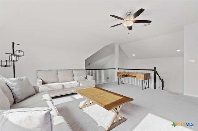 427 Bluejack Way, Hutto, TX 78634 - living room featuring a ceiling fan, lofted ceiling, and carpet flooring