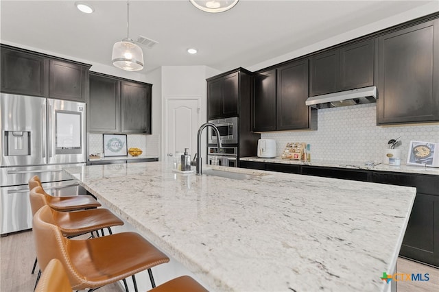 427 Bluejack Way, Hutto, TX 78634 - kitchen featuring appliances with stainless steel finishes, under cabinet range hood, a kitchen island with sink, light stone countertops, and decorative backsplash