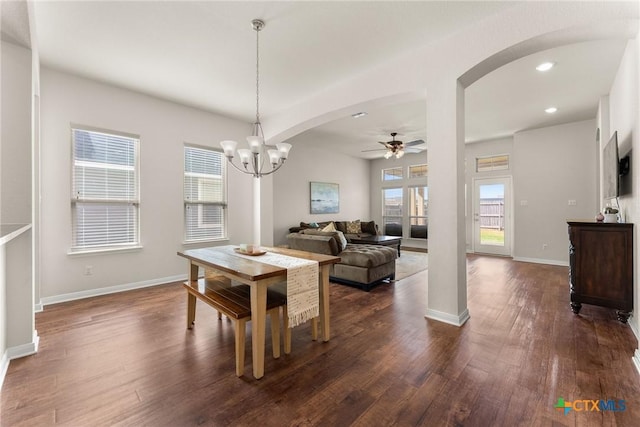 7805 Northgate Loop, Temple, TX 76502 - dining room featuring arched walkways, a ceiling fan, dark wood-style floors, recessed lighting, and a chandelier