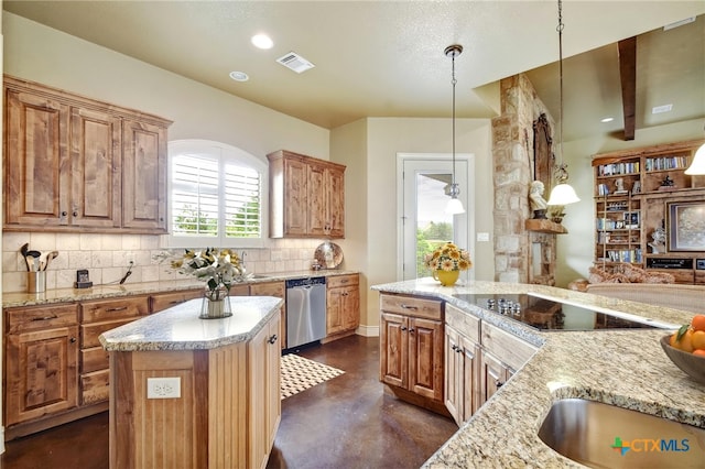 kitchen with tasteful backsplash, black electric stovetop, concrete flooring, light stone counters, and dishwasher