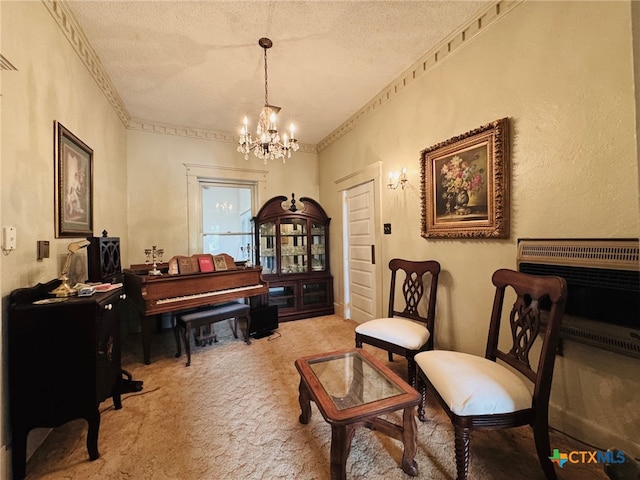 sitting room with carpet flooring, a textured ceiling, a chandelier, and heating unit