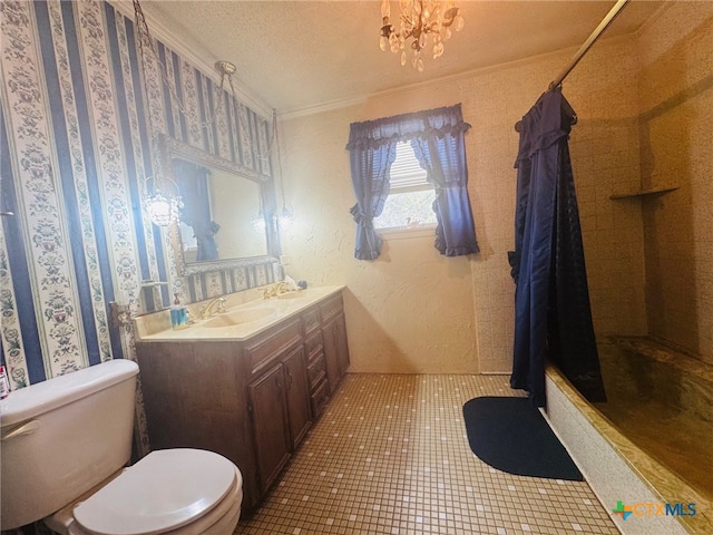 full bathroom with crown molding, an inviting chandelier, toilet, and tiled shower