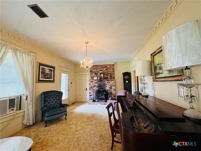 living area with light carpet, cooling unit, a textured ceiling, a chandelier, and visible vents
