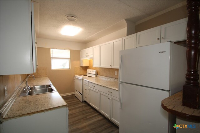 kitchen featuring a textured ceiling, dark hardwood / wood-style floors, sink, white cabinets, and white appliances