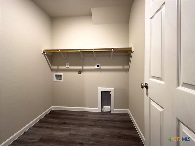 washroom featuring baseboards, laundry area, electric dryer hookup, washer hookup, and dark wood-type flooring