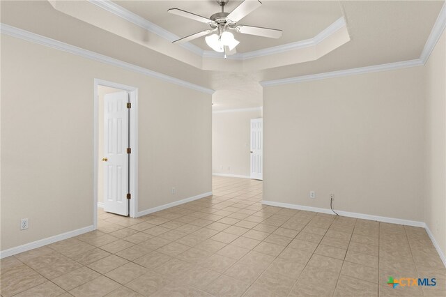 2207 Merle Dr, Copperas Cove, TX 76522 - unfurnished room featuring a tray ceiling, ceiling fan, ornamental molding, and light tile patterned floors