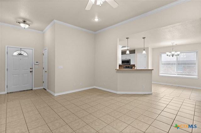 2207 Merle Dr, Copperas Cove, TX 76522 - foyer featuring light tile patterned floors, a ceiling fan, a chandelier, crown molding, and recessed lighting