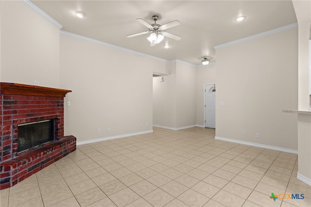 2207 Merle Dr, Copperas Cove, TX 76522 - unfurnished living room with a ceiling fan, a brick fireplace, ornamental molding, recessed lighting, and light tile patterned flooring