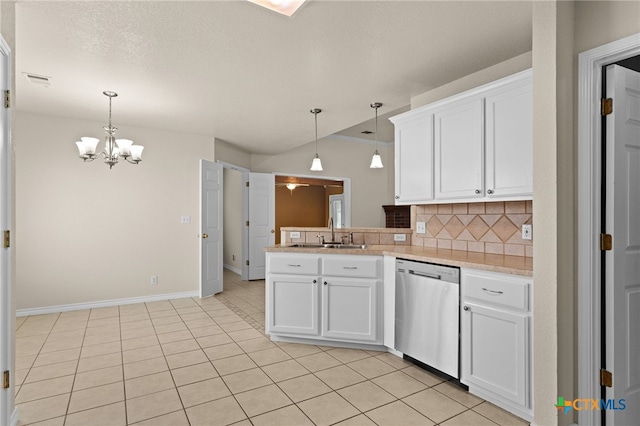 2207 Merle Dr, Copperas Cove, TX 76522 - kitchen featuring dishwasher, backsplash, a chandelier, light countertops, and white cabinets