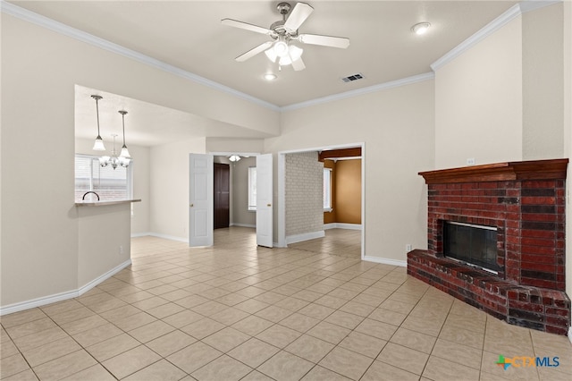 2207 Merle Dr, Copperas Cove, TX 76522 - unfurnished living room featuring a fireplace, light tile patterned floors, a chandelier, crown molding, and ceiling fan