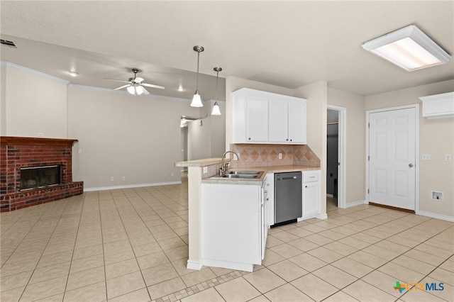2207 Merle Dr, Copperas Cove, TX 76522 - kitchen featuring stainless steel dishwasher, light tile patterned floors, backsplash, open floor plan, and ornamental molding