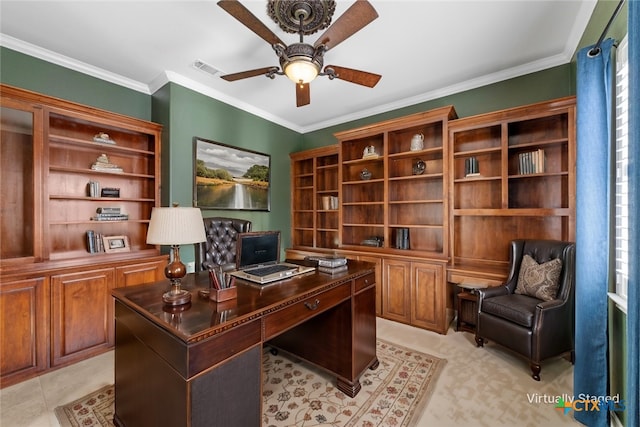 home office featuring visible vents, a ceiling fan, and crown molding