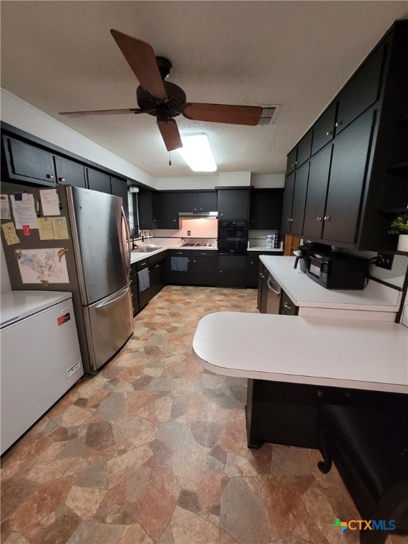 kitchen featuring appliances with stainless steel finishes, a sink, light countertops, dark cabinets, and a ceiling fan