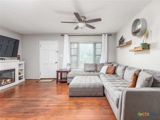 415 Brooks Mill Rd, Bertram, TX 78605 - living room with a ceiling fan, wood finished floors, and a glass covered fireplace