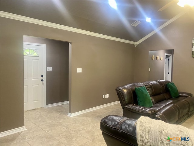 living room featuring lofted ceiling, baseboards, and crown molding