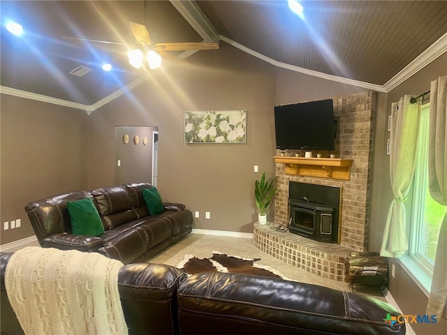 living room featuring baseboards, visible vents, ceiling fan, ornamental molding, and vaulted ceiling
