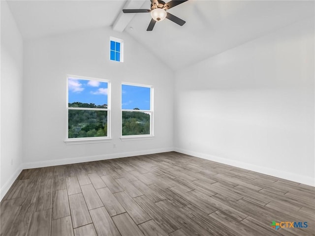 additional living space with ceiling fan, lofted ceiling with beams, and light hardwood / wood-style flooring