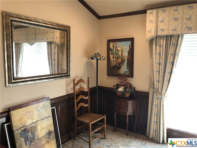 living area featuring ornamental molding and plenty of natural light