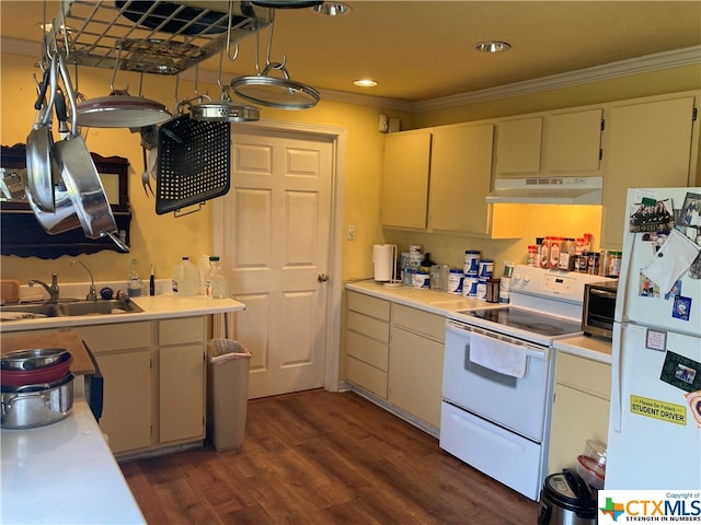 kitchen with cream cabinets, ornamental molding, sink, dark wood-type flooring, and white appliances