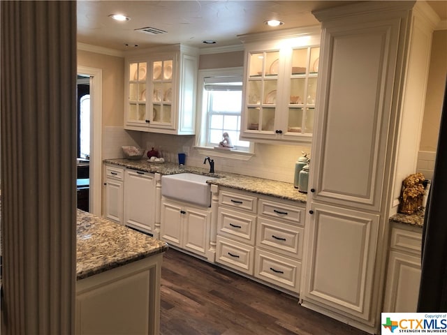 kitchen with white cabinetry, light stone countertops, sink, dark wood-type flooring, and stainless steel dishwasher