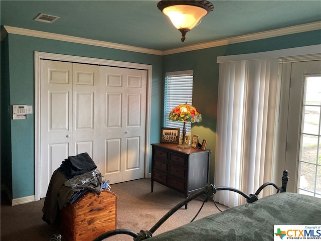 bedroom featuring ornamental molding, carpet, and a closet