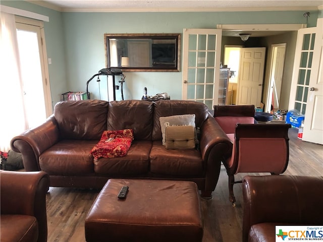 living room featuring wood-type flooring and crown molding