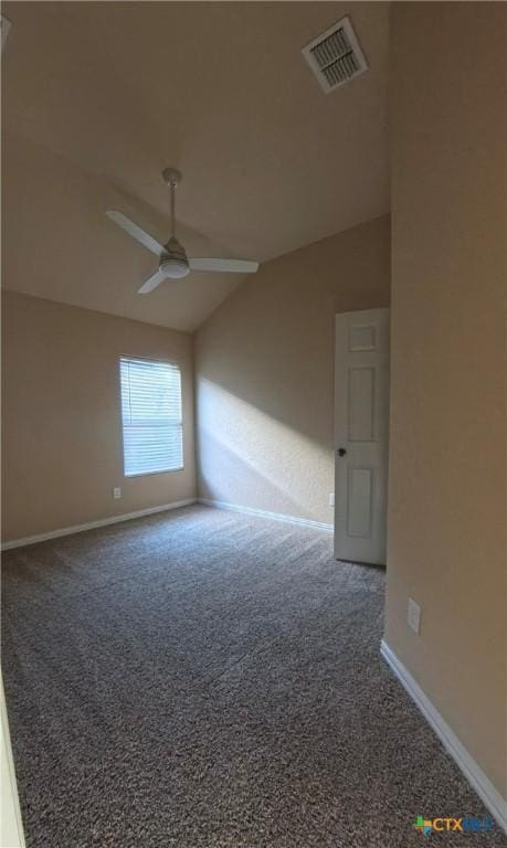 8710 Jogeva Way, San Antonio, TX 78251 - unfurnished room with vaulted ceiling, carpet, ceiling fan, and baseboards