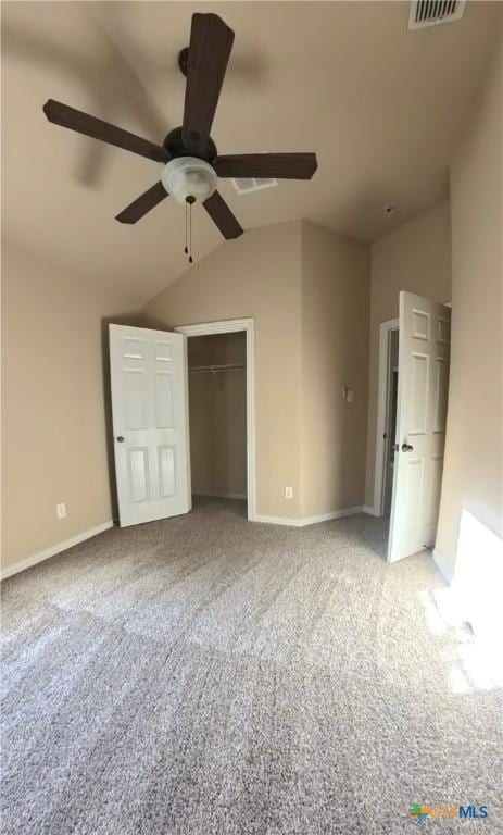 8710 Jogeva Way, San Antonio, TX 78251 - unfurnished bedroom featuring lofted ceiling, carpet floors, baseboards, a closet, and a ceiling fan