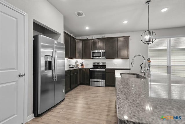 7005 Mcgregor Loop, Killeen, TX 76549 - kitchen featuring appliances with stainless steel finishes, light stone countertops, decorative backsplash, dark brown cabinetry, and recessed lighting