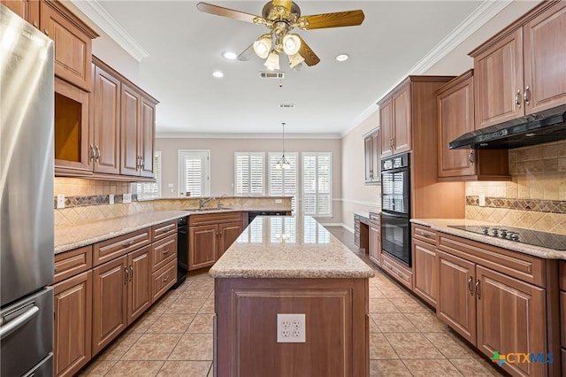2206 Pheasant Run Ln, Temple, TX 76502 - kitchen with black appliances, a ceiling fan, a kitchen island, decorative backsplash, and light tile patterned flooring