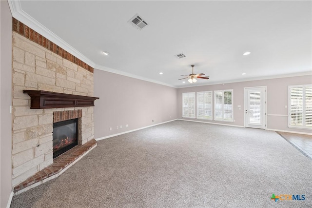 2206 Pheasant Run Ln, Temple, TX 76502 - unfurnished living room featuring ornamental molding, a fireplace, ceiling fan, carpet flooring, and recessed lighting