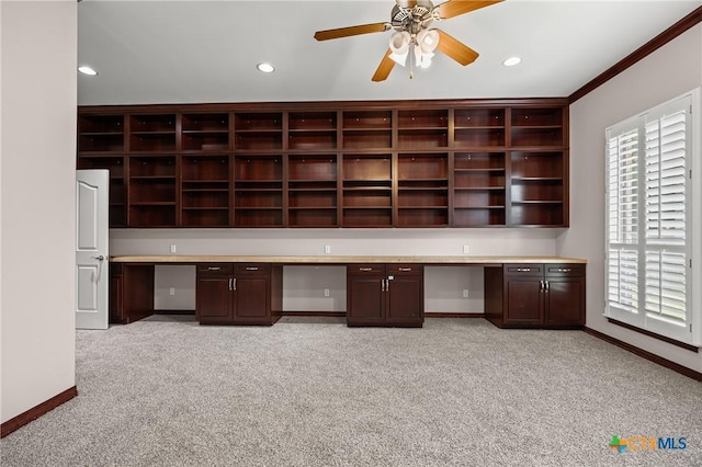 2206 Pheasant Run Ln, Temple, TX 76502 - unfurnished office with built in desk, light carpet, a ceiling fan, and recessed lighting