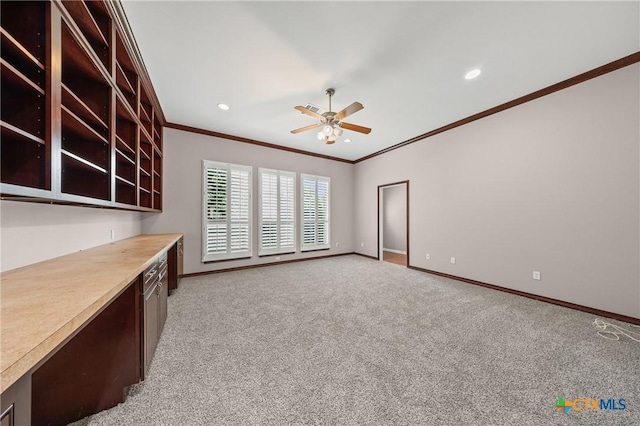 2206 Pheasant Run Ln, Temple, TX 76502 - unfurnished living room featuring crown molding, ceiling fan, light carpet, and recessed lighting