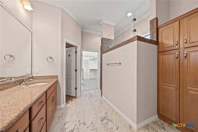 2206 Pheasant Run Ln, Temple, TX 76502 - full bathroom featuring marble finish flooring, crown molding, a walk in shower, and vanity