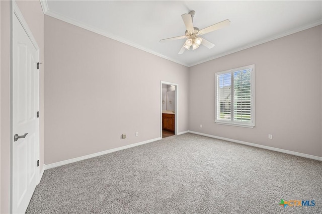2206 Pheasant Run Ln, Temple, TX 76502 - unfurnished bedroom with carpet, ornamental molding, a ceiling fan, and ensuite bath