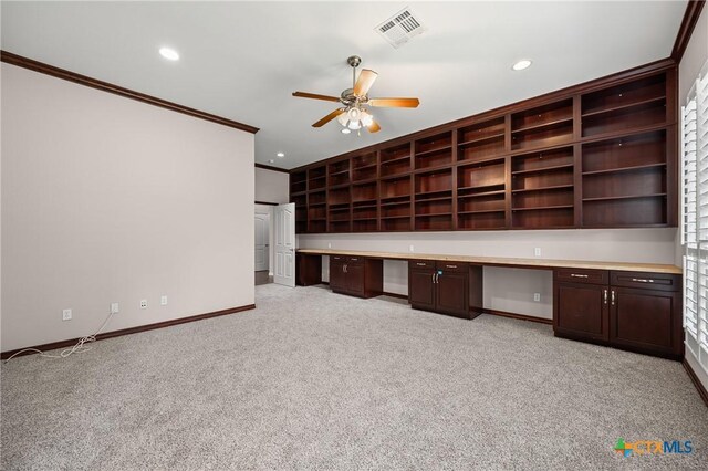 2206 Pheasant Run Ln, Temple, TX 76502 - unfurnished office with built in study area, crown molding, a ceiling fan, light colored carpet, and recessed lighting
