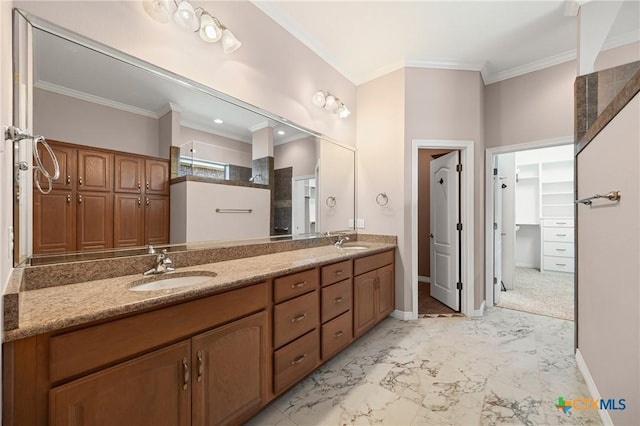 2206 Pheasant Run Ln, Temple, TX 76502 - bathroom featuring double vanity, marble finish floors, crown molding, a spacious closet, and a shower
