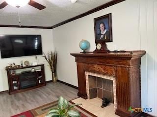 304 Oak Plz, Austin, TX 78753 - living area featuring crown molding, wood finished floors, ceiling fan, and a premium fireplace