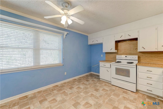 kitchen with white cabinets, ceiling fan, white electric stove, and decorative backsplash