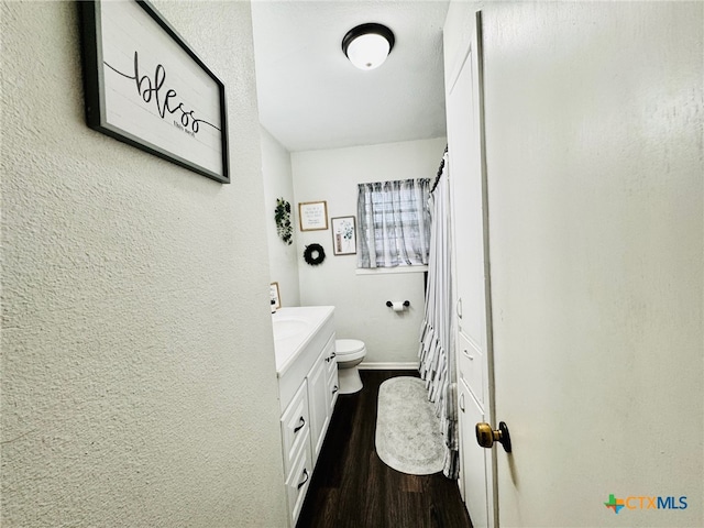 bathroom with vanity, toilet, and wood-type flooring