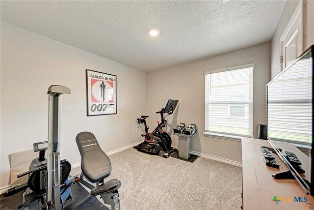 exercise area featuring a textured ceiling and light carpet