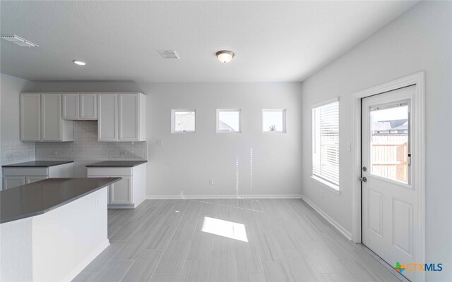 kitchen with gray cabinets and backsplash