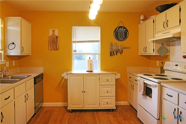 kitchen featuring white electric range oven, sink, light hardwood / wood-style flooring, white cabinets, and dishwasher