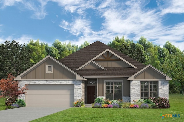 craftsman inspired home featuring a front lawn and a garage