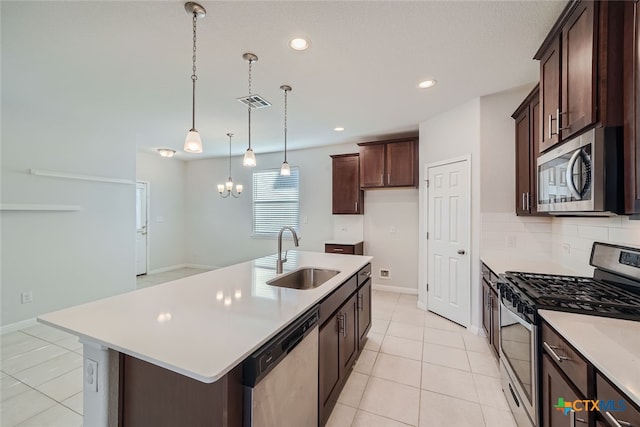 kitchen featuring stainless steel appliances, hanging light fixtures, sink, and a kitchen island with sink